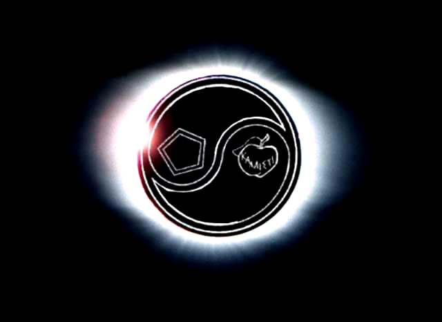 A Sacred Chao done as line drawing white on black inside solar eclipse.